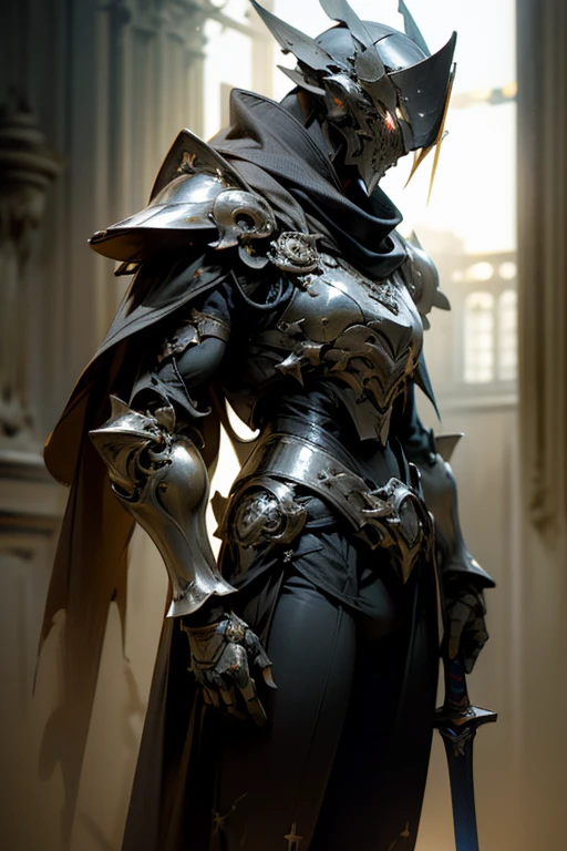 a knight, anti hero, lone survivor, emitting light eyes, dual swords type, long plasma hair, agile reflective armor, cape of darkness, (best quality,4k,8k,highres,masterpiece:1.2),ultra-detailed,(realistic,photorealistic,photo-realistic:1.37),digital art, concept art, dramatic lighting, cinematic, moody, dark, sci-fi, futuristic