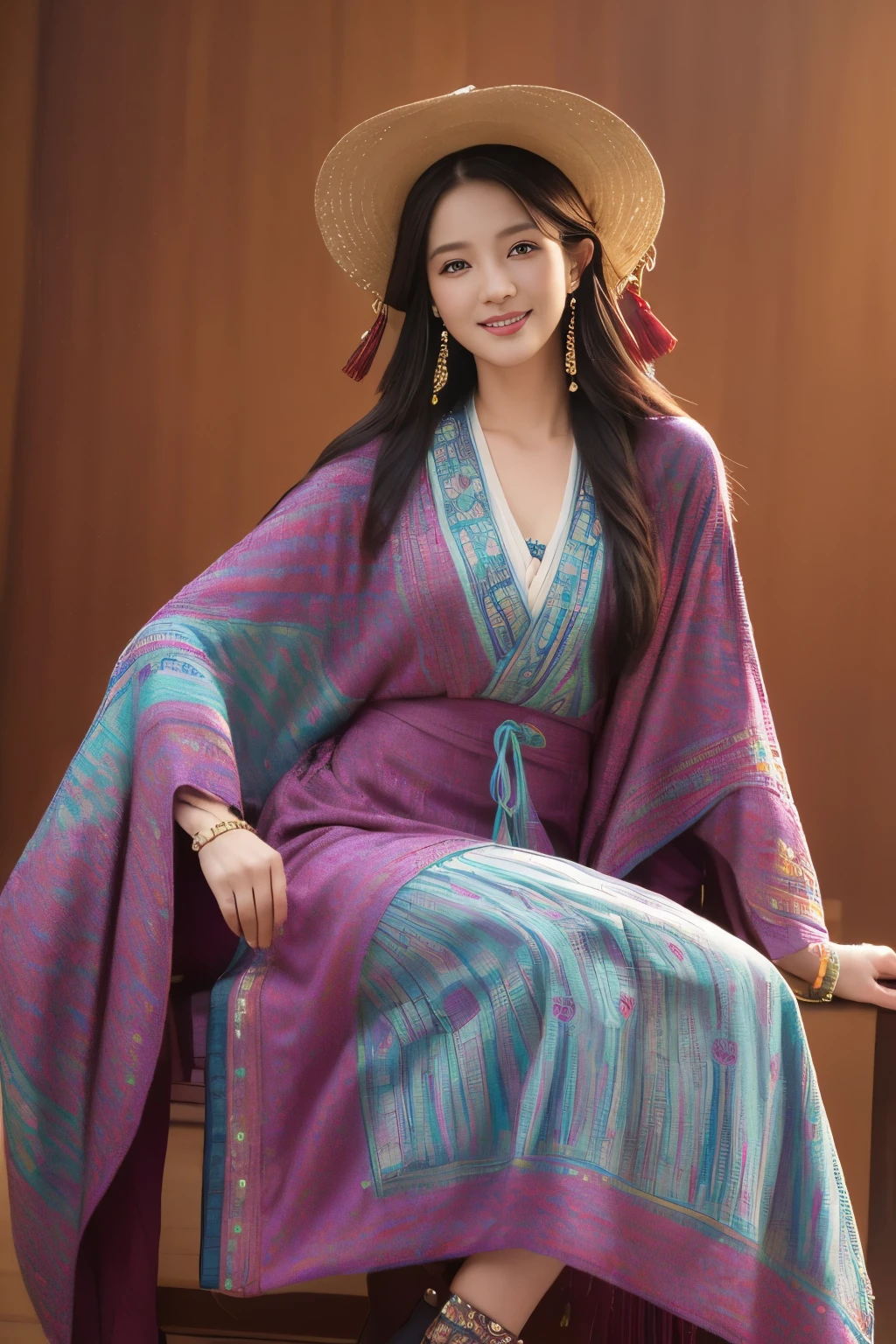 ulzzang-6500-v1.1,(masterpiece, highest quality:1.3), (Ultra-detailed 8K:1.2), (hyperrealistic:1.35),(Raw photo:1.2),highest quality, High resolution, wallpaper, realistic, ,rending with ArtStation, Trending on CGsociety, sharp focus, (dramatic, Realistic painting art by Midjourney:1.3) BREAK (Japanese women:1.3), 18 years old, (bewitching smile:1.3), action, gravure, sexy, super beautiful, beautiful skin, beautiful and detailed eyes, detailed face, slim, Moderately, clean long hair, brunette hair, dark brown eyes, look at the camera, (full shot:1.3), BREAK (Colorful bohemian poncho with intricate ethnic embroidery:1.4) paired with (simple black leggings:1.2) and (leather ankle boots:1.1). Accessorized with (beaded tassel earrings:1.3), (a stack of mixed metal bangles:1.2), and (a wide-brimmed felt hat:1.0).