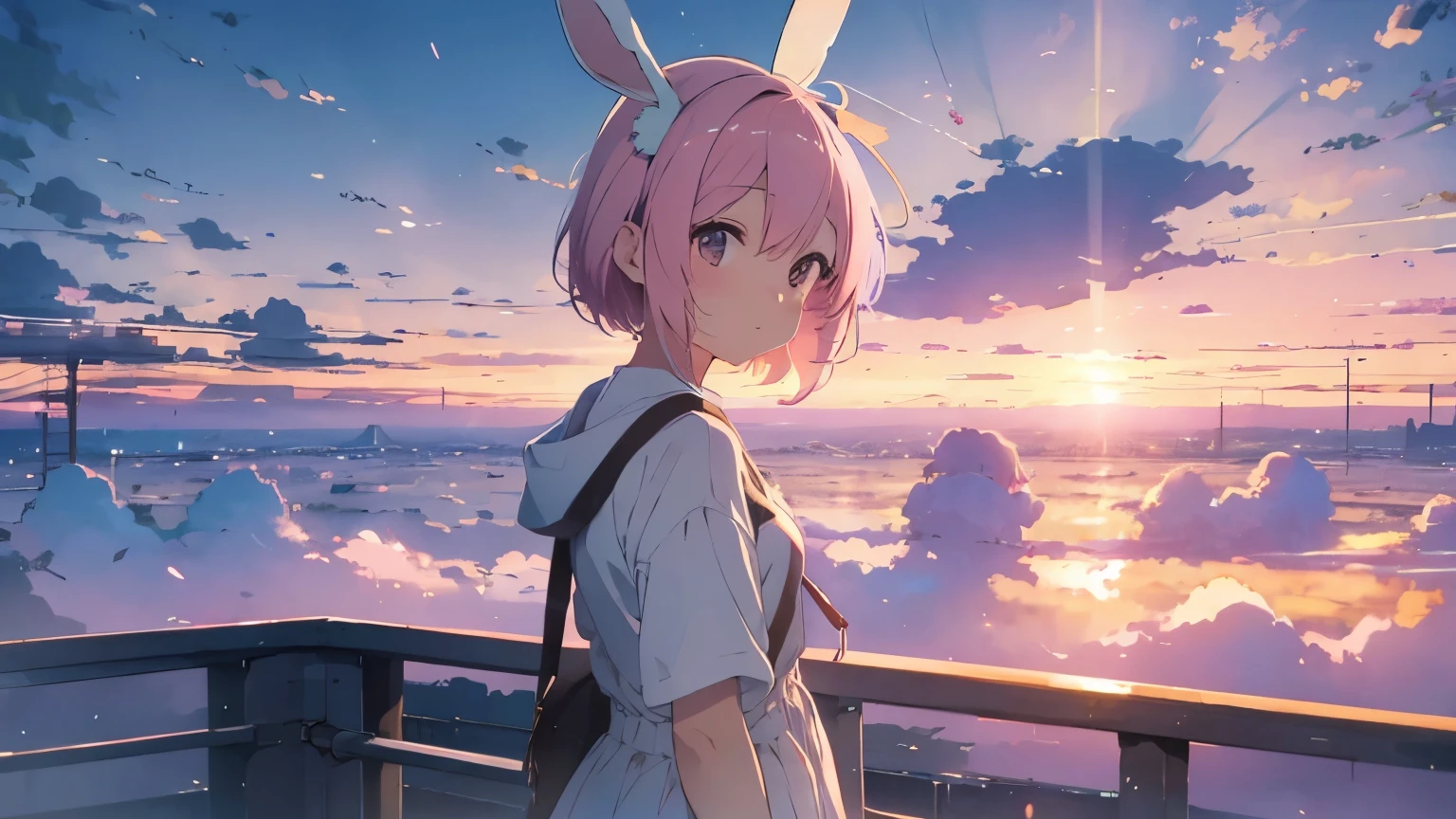 A place where you can see the sunset with the clouds spreading out,highest quality, pretty girl, pastel colour, Fluffy bunny ears, Pink short bob,