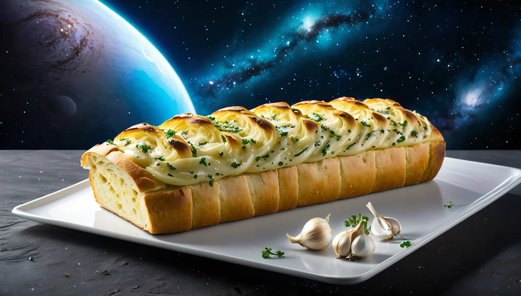 ractal braided garlic bread , product photo in an otherworldly restaurant setting , sci fi meets tradition on the Kepler 42 space station , culinary tones with tasty accents, yummycore carbwave breadlore