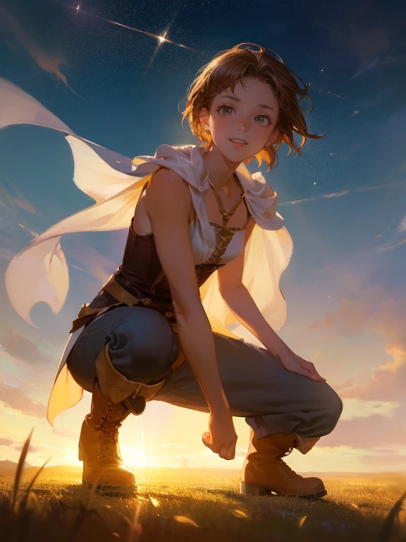 masterpiece, best quality, rpg character art, epic fantasy art style, 1 girl, Vera, 14-year-old teenager, dynamic pose, crouching position, ecstatic, excited, youthful appearance, full body fantasy concept art, short brown hair, hazel eyes, high detail, light casual medieval clothes (simple dress, light tan pants, and brown boots), intricate details, ultra high resolution, sharp focus, HD, 8k, clear facial features, clear details, the background is an open field, zoomed out view, looking at the viewer