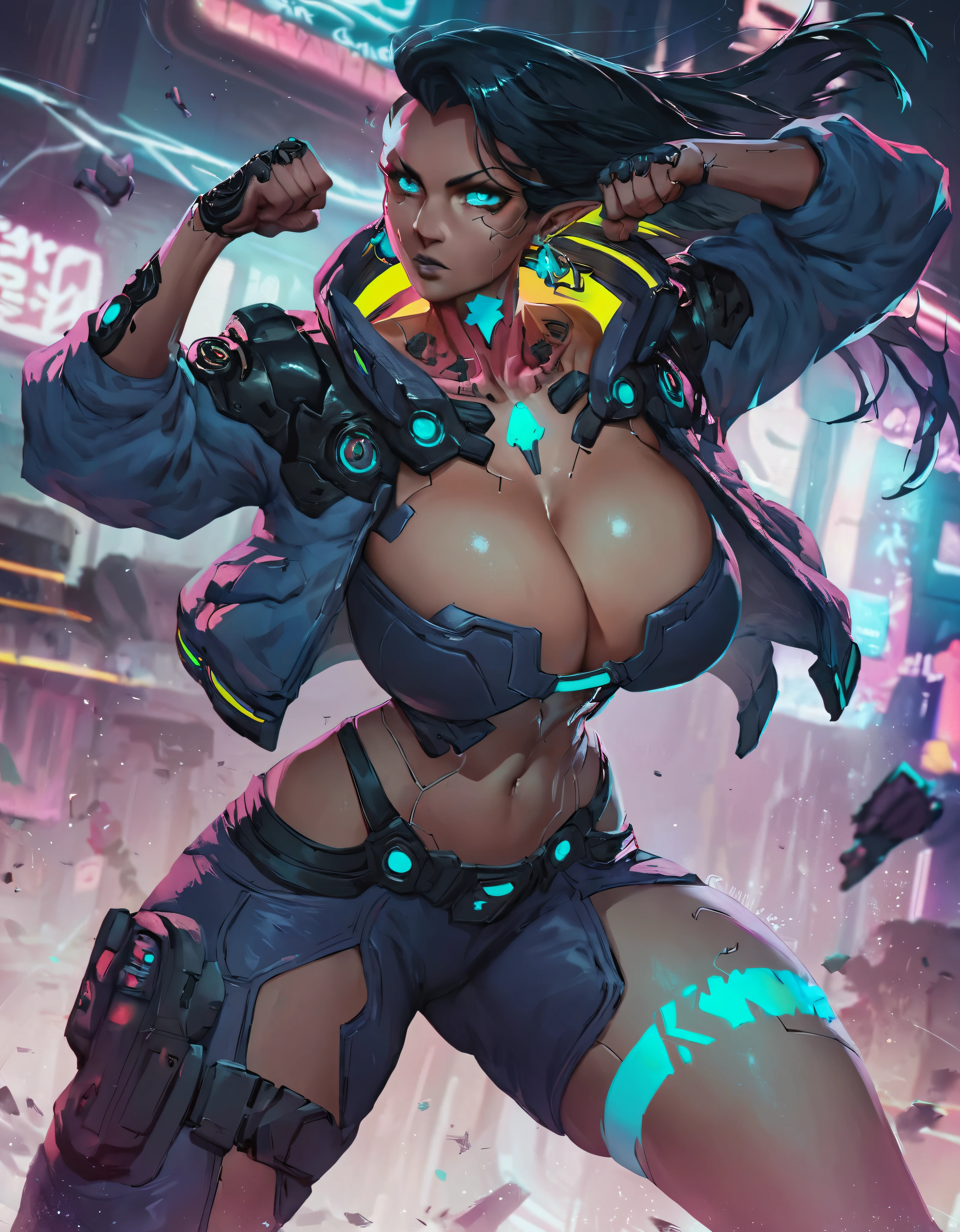 score_9, score_8_up, score_7_up, score_6_up, score_5_up, 8k high definition, dark elf princess, earrings, long black hair, futuristic cyberpunk armor, cyberpunk city, dynamic pose, cyberpunk, a high-tech city, cleavage, huge breasts, fighting pose in streets of cyberpunk Tokyo neon lights background