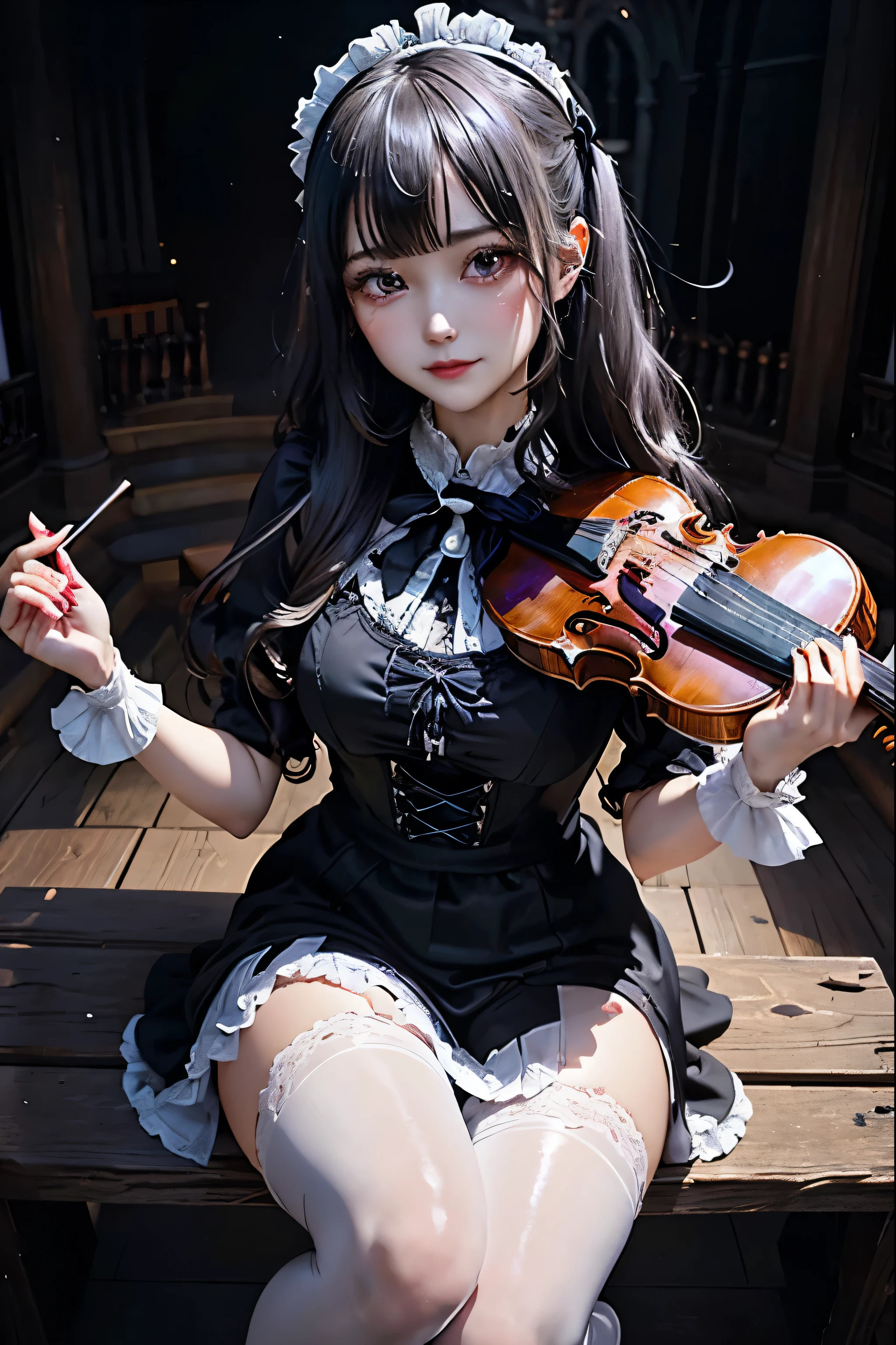 Hard Dark Gothic Makeup、Deep Night Sky、Horror、Black dark eyeshadow、sad、Good skin radiance、Dark Gothicメイク、Dark smile、palace、24-years-old、Embarrassed look、Dark Gothic、Obscene language、highest quality、Drunk face、紫のMaid clothes、Mysterious、Noble、sexy、Loving smile、Right blue eye, Left eye is red、Platform Heel Shoes、Heavy makeup、Gothic ta Clothing、Silver Hair、Long Hair Straight Hair、Cute Gothic Loliress、Beautiful Face、elegant features、Fascinating face、Stained glass is the background、Chest glistening with sweat、The room is dark、gothic long dress、Bell Sleeves、Wizard Sleeve、Decadent look、Sexually excited expression、Glossy thighs wet with water、Thighs that are wet and shiny with oil、Background of a room full of roses、The embroidery is pink、The dress has pink embroidery、Thigh-high socks、Knee-high socks、Gentle expression、Dark black eyeshadow、Stained glass and rose background、Female Duo、Female couple、dark church background、Stained glass、Black metal world、Dark Castle、Slender body、gothic long dresaid clothes、Victorian dresses、Her thighs glisten with sweat、My body is wet and shiny、Lots of glitter on the thighy thighs are sticky from sweating、Sweat glistens on the thighs, The whole body is sweaty and shiny、Quite sweaty、My thighs are sweaty、My thighs are so wet、My thighs are shining with sweat、A lot of sweat glistens all over the body、Small breasts、Orchestra StageStage、Dynamic Angle、sitting on a gothic chair、Play the violin gracefully、With a violin、Press the violin strings、violinist、orchestra performance、Thin thighs、slender、Violin body and strings、Sit on a chair、pantyhose、Hime cut straight hair、
