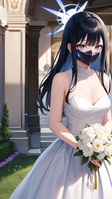 masterpiece, best quality, highres, aasaori, halo, long hair, black hair, mouth mask, black mask, garden, confetti, standing, holding bouquet, wedding dress,