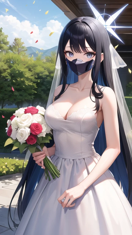 masterpiece, best quality, highres, aasaori, halo, long hair, black hair, mouth mask, black mask, garden, confetti, standing, holding bouquet, wedding dress,