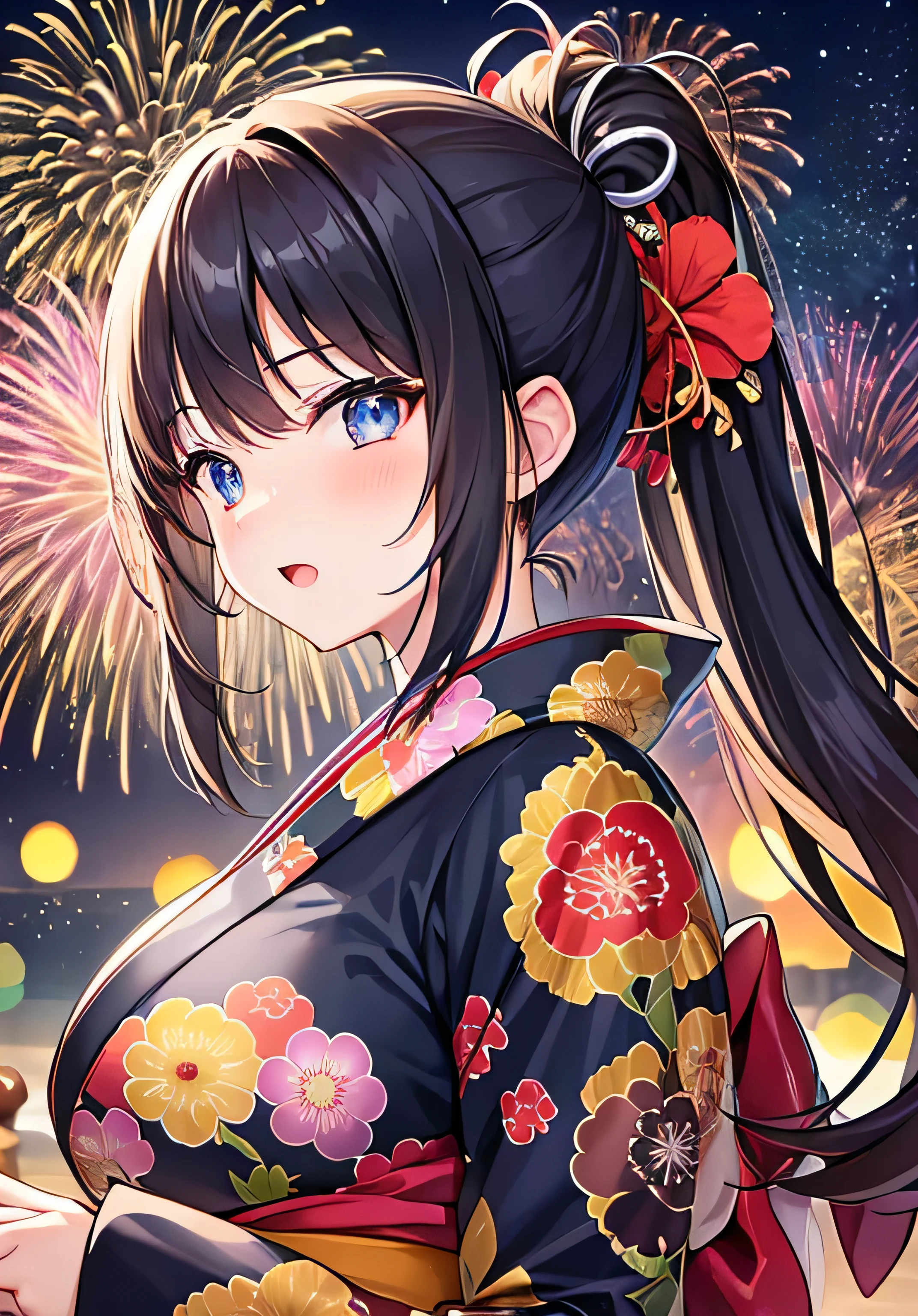 masterpiece、Highest quality、Ultra-high resolution、age girl with big breasts、twin tail hairstyle、black hair、Red face、shyly、turn around、open your mouth just a little、kimono、fireworks、at night time