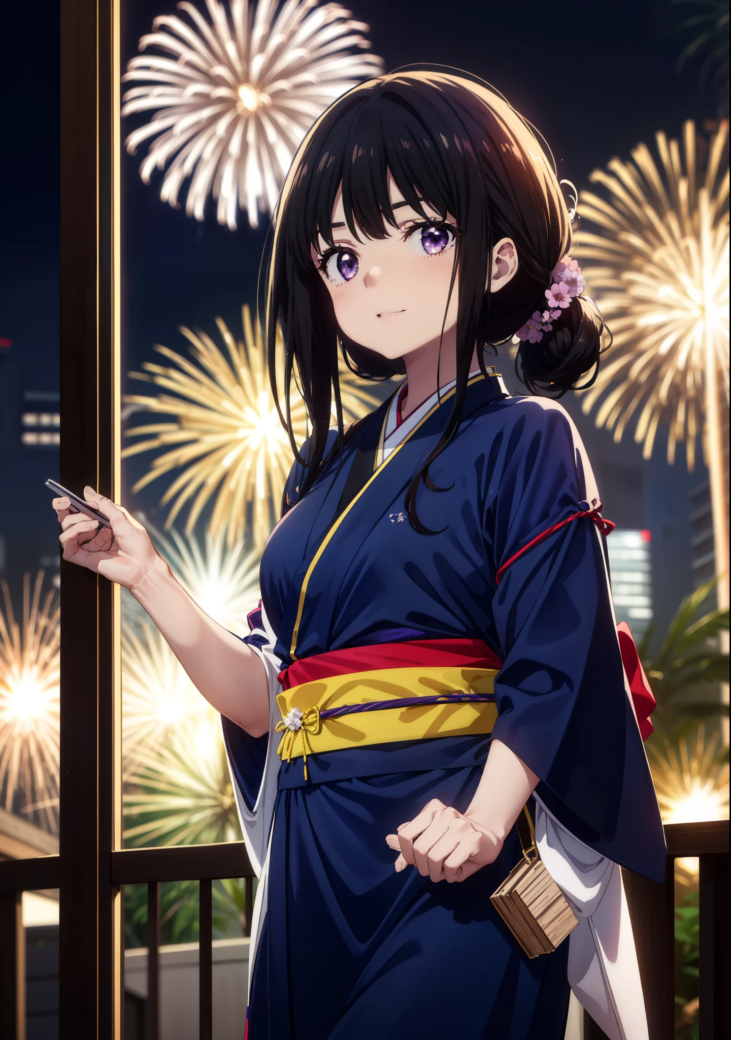 Takiuchi, Check it out,One Girl, Long Hair, bangs, Black Hair, (Purple eyes:1.2),Flower Hair Ornaments,hair tied back,smile,blush,Embarrassing,Blue kimono,Blue long skirt,Sandals,日本のfestival，夏festivalの屋台、Red Lantern,Fireworks in the night sky,The place is a fireworks display,Time is night,whole bodyがイラストに入るように,Looking up from below、Walking,
break outdoors, festival,shrine,
break looking at viewer, whole body,Upper Body,  (Cowboy Shot:1. 5)
break (masterpiece:1.2), highest quality, High resolution, unity 8k wallpaper, (shape:0.8), (Beautiful details:1.6), Highly detailed face, Perfect lighting, Extremely detailed CG, (Perfect hands, Perfect Anatomy),