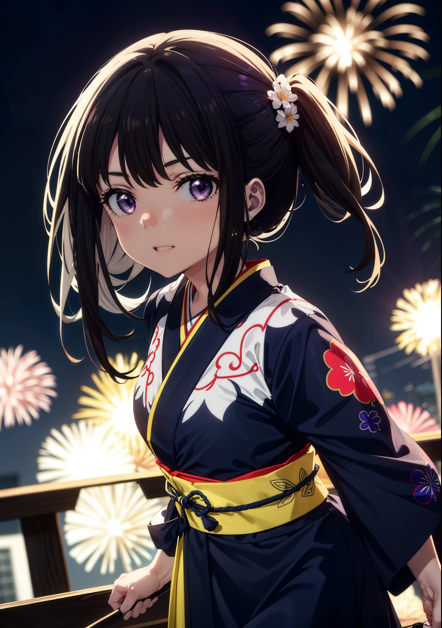 Takiuchi, Check it out,One Girl, Long Hair, bangs, Black Hair, (Purple eyes:1.2),Flower Hair Ornaments,hair tied back,smile,blush,Embarrassing,Blue kimono,Blue long skirt,Sandals,日本のfestival，夏festivalの屋台、Red Lantern,Fireworks in the night sky,The place is a fireworks display,Time is night,whole bodyがイラストに入るように,Looking up from below、Walking,
break outdoors, festival,shrine,
break looking at viewer, whole body,Upper Body,  (Cowboy Shot:1. 5)
break (masterpiece:1.2), highest quality, High resolution, unity 8k wallpaper, (shape:0.8), (Beautiful details:1.6), Highly detailed face, Perfect lighting, Extremely detailed CG, (Perfect hands, Perfect Anatomy),