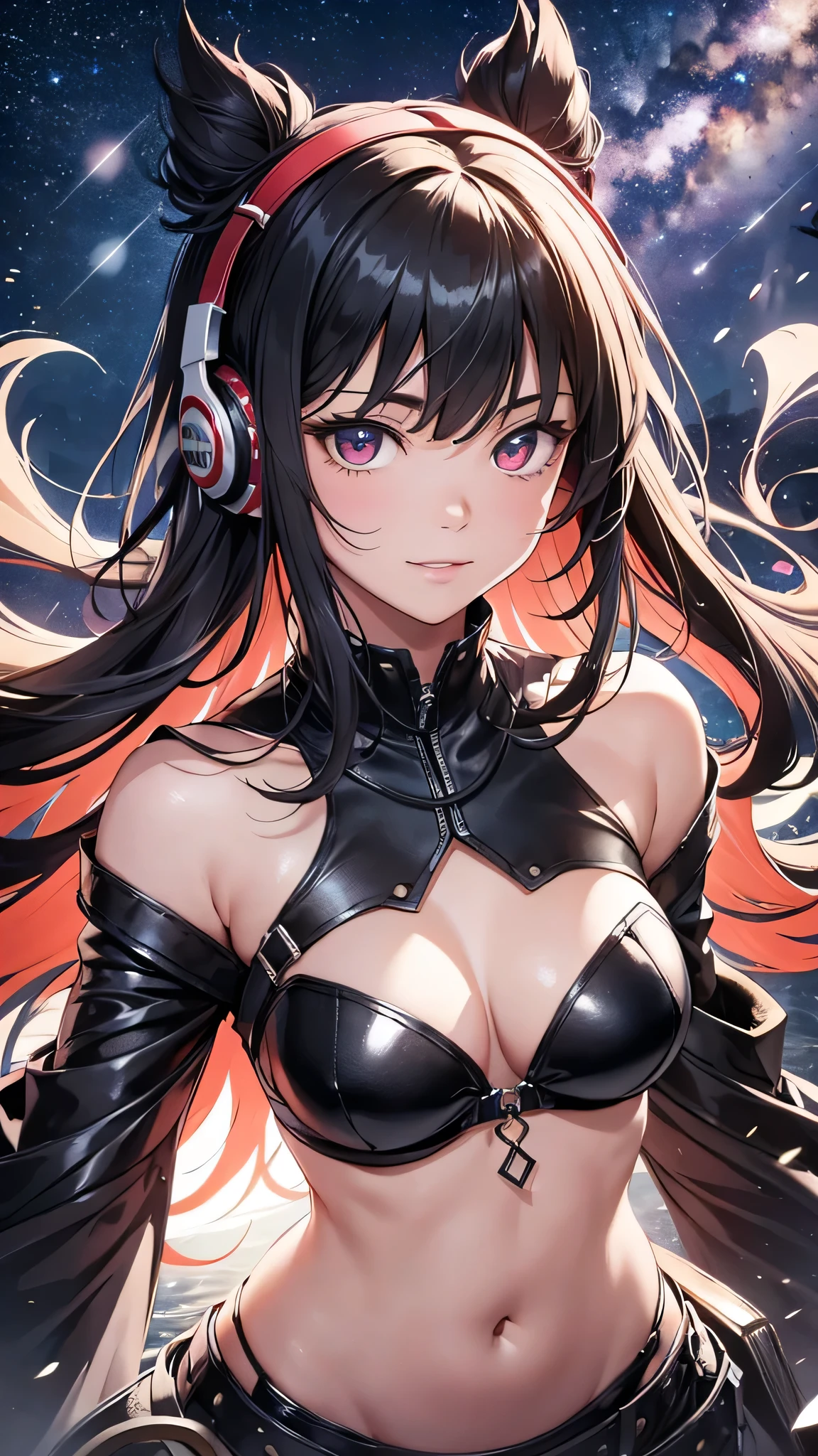 Highest quality、Highest quality、Masterpiece、girl((20-year-old、as soon as、Highest Bust、Medium Bust、Wide open chest、Red glowing eyes、Black Ear、Red Mesh、Disheveled Hair、Loincloth、thin、The best valley、Open chest、hair ornaments、Full body view、NSFW(Completely naked)、Random Pause、smile、Headphones embarrassed face))、high quality、Beautiful Art、background((Collapsing Ground、no gravity、Floating Object、shooting star、universe、comet))、Depth((Earth))、flight、Flying Debris、Depth of text、movie、Visual Arts、Perfect Art、8K、Genuine、Special Angles