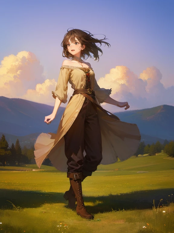 masterpiece, best quality, rpg character art, epic fantasy art style, 1 girl, Vera, 14-year-old teenager, dynamic pose, battle ready, ecstatic, excited, youthful appearance, full body fantasy concept art, short brown hair, hazel eyes, high detail, light casual medieval clothes (simple dress, light tan pants, and brown boots), intricate details, ultra high resolution, sharp focus, HD, 8k, clear facial features, clear details, the background is an open field, zoomed out view, looking at the viewer
