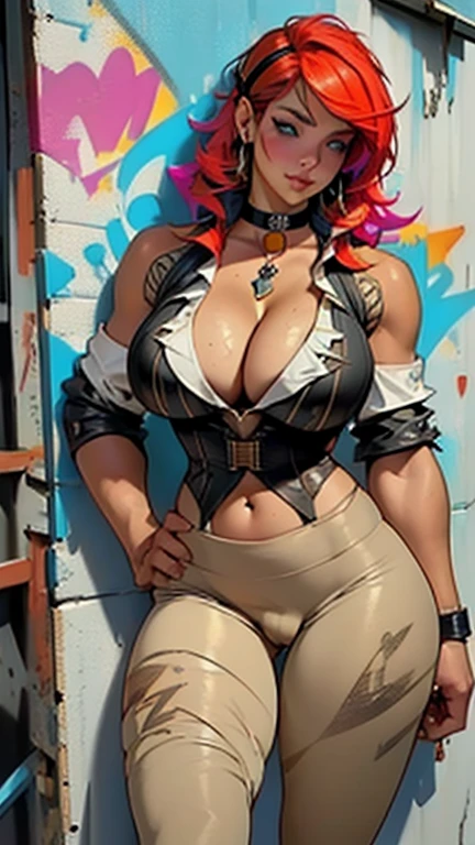 masterpiece, best quality, Two Latinas holding hands, corset, ((colossal cleavage:1.5)), gym leggings, choker, (graffiti:1.2), paint splatter, arms behind back, against wall, looking at viewer, armband, thigh strap, paint on body, head tilt, bored, multicolored hair, aqua eyes, headset, peepshow, nip slip (((petting camel toe)))