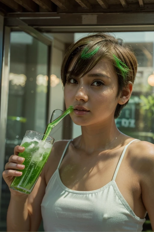 A girl with short hair drinking a clear green soda、Turn the glass into a wine glass、looking at the camera、Drinking and looking up、Give me a clear green soda、Give me something to drink