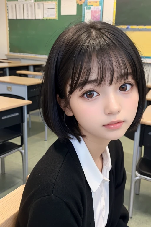 (High resolution:1.3), (16k, Photorealistic, Raw photo, Best image quality: 1.4), Japanese, (One Girl), Beautiful Face, (A vivid face), (Black-haired、short hair:1.3), Beautiful Hairstyles, Realistic eyes, Beautifully detailed eyes, (Realistic Skin), Beautiful skins, attractive, 超A high resolution, Surreal, High detail, Golden Ratio, Highly detailed background, Realistic Background, Out of focus background, Highly detailed cute girl,(20-year-old), classroom、machine、Chair、blackboard