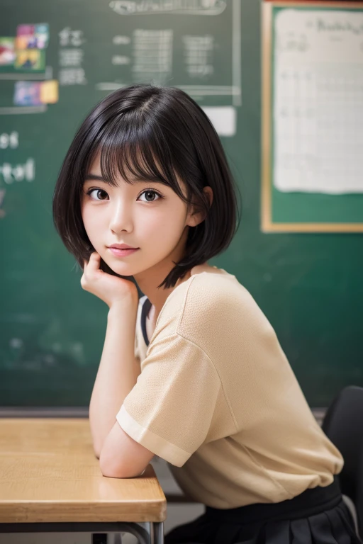 (High resolution:1.3), (16k, Photorealistic, Raw photo, Best image quality: 1.4), Japanese, (One Girl), Beautiful Face, (A vivid face), (Black-haired、short hair:1.3), Beautiful Hairstyles, Realistic eyes, Beautifully detailed eyes, (Realistic Skin), Beautiful skins, attractive, 超A high resolution, Surreal, High detail, Golden Ratio, Highly detailed background, Realistic Background, Out of focus background, Highly detailed cute girl,(20-year-old), classroom、machine、Chair、blackboard