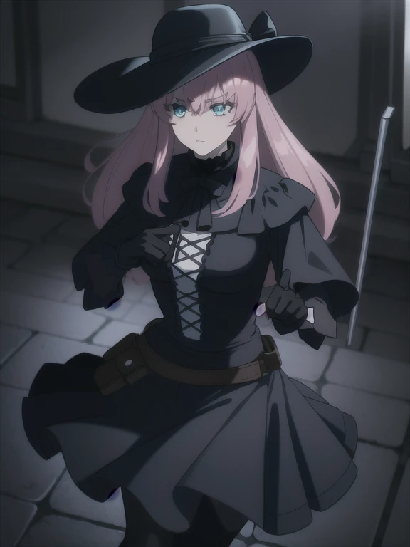 ((Best quality))),((Ultra-detailed)),((illustration)),((Disheveled hair)),((frilld)),(1 girl),(Solo),
1girl,***,handgun,hat,holding,holding_***,looking_at_viewer,solo,weapon,rating:safe,adjusting_clothes,adjusting_hat,adjusting_headwear,black_footwear,black_gloves,black_hat,black_headwear,black_legwear,black_pantyhose,blue_bow,boots,bow,clothing,dress,female,female_only,footwear,frills,gloves,headwear,holding_weapon,knee_boots,legwear,long_hair,makaria,pantyhose,pistol,pointing,pointing_at_viewer,pouch,olo,standing,
pink_hair,aqua_eyes,