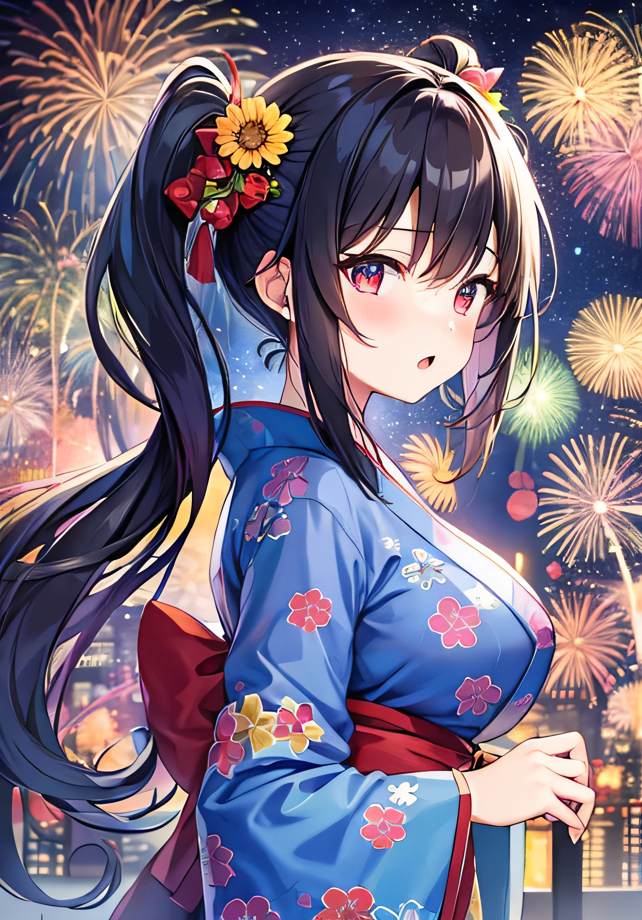 masterpiece、Highest quality、Ultra-high resolution、 girl with big breasts、twin tail hairstyle、black hair、Red face、shyly、turn around、open your mouth just a little、kimono、fireworks、at night time