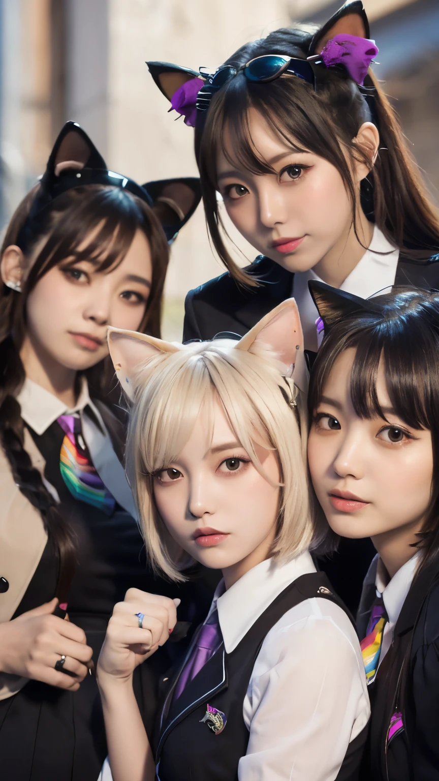 Masterpiece, 4k, Bokeh, beautiful face, Harem, (multiple girls:1.4), (Group Photo:1.5), (Cat ears:1.3), (bob hair:1.3), looking at the viewer, (rainbow、Slope、uniform:1.4), closeup