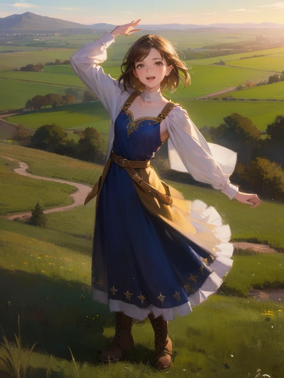 masterpiece, best quality, rpg character art, epic fantasy art style, 1 girl, Vera, -yeld teger, dynamic pose, battle ready, ecstatic, excited, youthful appearance, full body fantasy concept art, short brown hair, hazel eyes, high detail, light casual medieval clothes (simple dress and brown boots), intricate details, ultra high resolution, sharp focus, HD, 8k, clear facial features, clear details, the background is an open field, zoomed out view, looking at the viewer