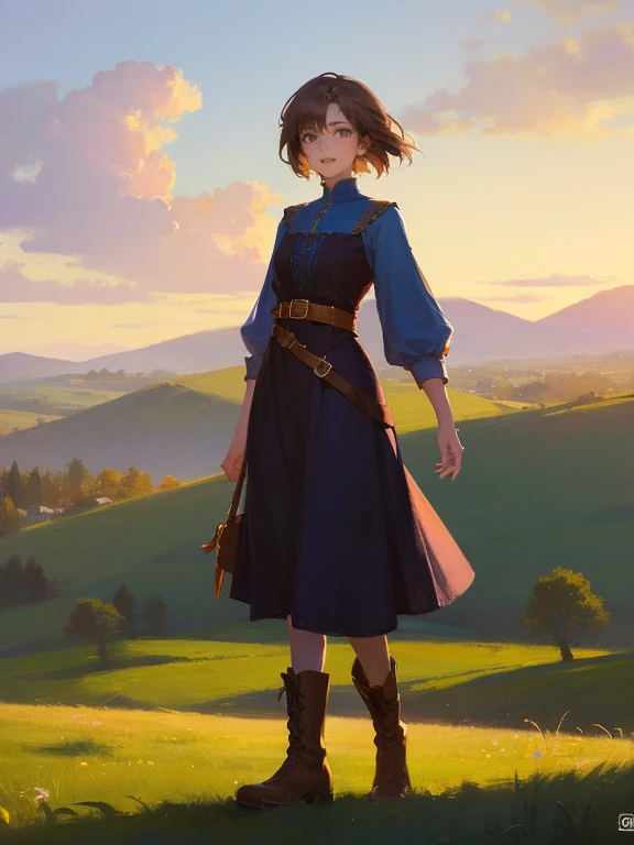 masterpiece, best quality, rpg character art, epic fantasy art style, 1 girl, Vera, 14-year-old teenager, dynamic pose, battle ready, ecstatic, excited, youthful appearance, full body fantasy concept art, short brown hair, hazel eyes, high detail, light casual medieval clothes (simple dress and brown boots), intricate details, ultra high resolution, sharp focus, HD, 8k, clear facial features, clear details, the background is an open field, zoomed out view, looking at the viewer