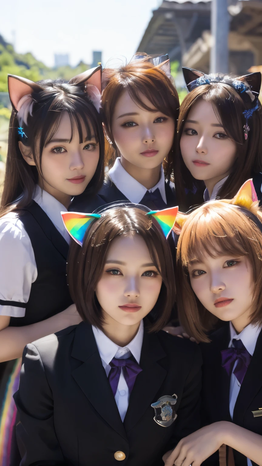 Masterpiece, 4k, Bokeh, beautiful face, Harem, (multiple girls:1.4), (Group Photo:1.5), (Cat ears:1.3), (bob hair:1.3), looking at the viewer, (rainbow、Slope、uniform:1.4), closeup