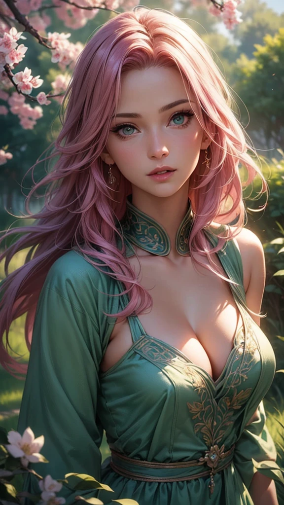 beautiful detailed eyes, beautiful detailed lips, extremely detailed eyes and face, longeyelashes, 1girl, Sakura Haruno, pink hair, long hair, green eyes, low cut dress, cleavage, sexy, in a grassy meadow with trees, (best quality,4k,8k,highres,masterpiece:1.2),ultra-detailed,(realistic,photorealistic,photo-realistic:1.37), vibrant colors, natural lighting, detailed foliage, lush landscape, intricate details