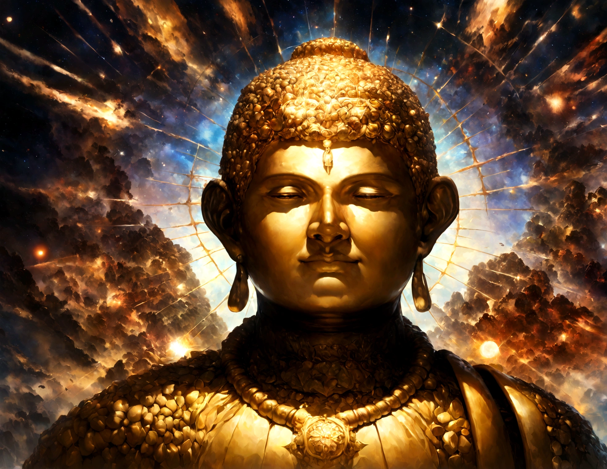 Interstellar,Infinite space,A giant Maitreya Buddha statue rushed into a giant space-time tunnel,An extremely detailed portrait of a huge golden Buddha wearing a halo of the sun god,See-through,Depth of Field Aster Piece)),(highest quality)),Spectacular space image scene,Surrealism, Super detailed, Accurate, highest quality, Hyper HD, masterpiece, Anatomically correct, High resolution, 16k
