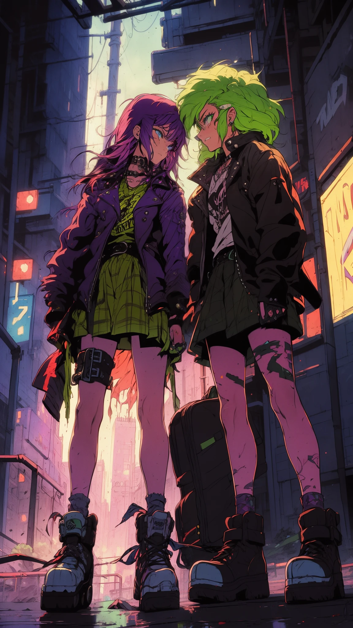 A teenage couple with bright green and purple mohawks, decked out in ripped tartan kilts and studded leather jackets, blasting punk rock from a boombox held high while skateboarding down a bustling city street. Graffiti art covers the walls, capturing the rebellious spirit, fantasy world, dark background, clean design, epic, artstation, colorful paint splatter, silhouette, hyper detailed intricate details, unreal engine, fantasy, splash screen, complementary colors, deviantart masterpiece, oil painting, heavy strokes, paint dripping, indifferent expression
