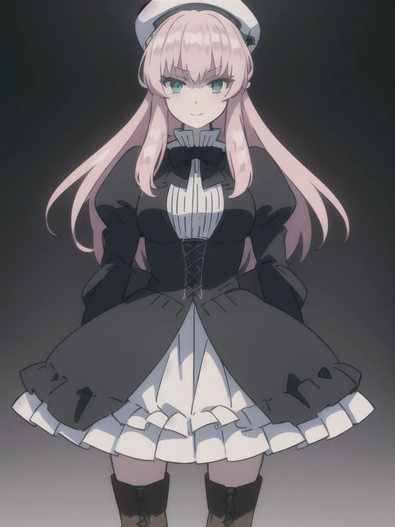 ((Best quality))), ((Ultra-detailed)), ((illustration)), ((Disheveled hair)), ((frilld)), (1 girl), (Solo),
1girl, hat, looking_at_viewer, solo, rating:safe, arms_behind_back, black_bow, black_bowtie, black_neckwear, boots, bow, bowtie, brown_footwear, clothing, contrapposto, cross-laced_footwear, dress, female, footwear, fur_hat, hat_ornament, headwear, knee_boots, layered_dress, long_hair, makaria, school_uniform, smile, standing, uniform, white_hat, white_headwear,
pink_hair,aqua_eyes,