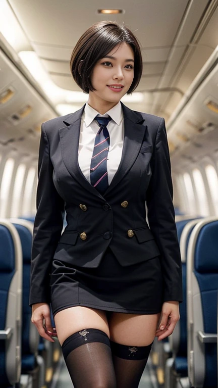 1beautiful womanl, 28years、hyperdetailed face、Detailed lips、A detailed eye、double eyelid、(Black bob hair、Smiling while walking gracefully down the aisle)、(Stewardess uniform:1.2)、((beautiful tie)) ((blacltights stockings)) (Glamorous body)、(Colossal tits)、((short-cut hair))、(large full breasts)(big butts)(Plump body)(plump body shape)( large full breasts)(Colossal tits)((J-Cup))、highs thighs thighs thighs, Perfect fit, Perfect image realism, Background with: (Business Class aisle on airplanes:1.2), Cowboy Shot, Meticulous background, detailed costume, Perfect litthing、Hyper-Realism、(Photorealsitic:1.4)、8K maximum resolution, (masterpiece), ighly detailed, Professional