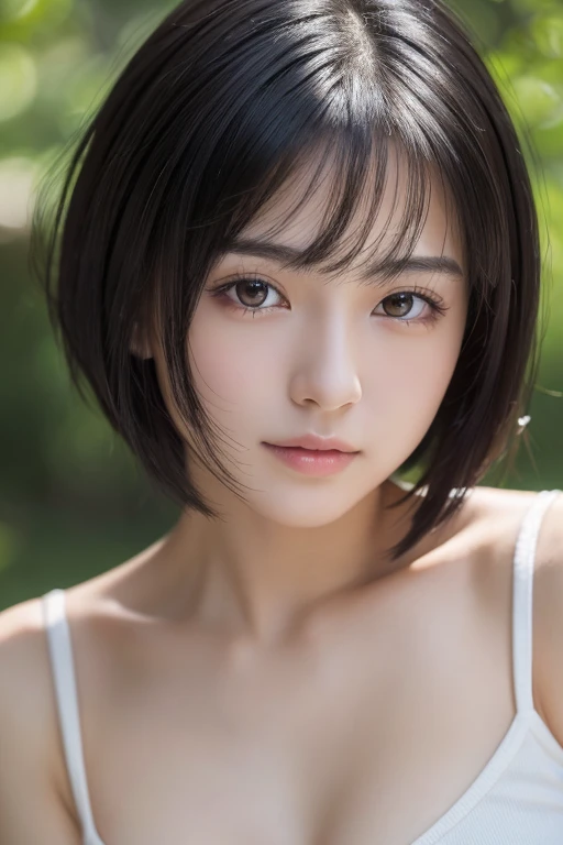 (High resolution:1.3), (16k, Photorealistic, Raw photo, Best image quality: 1.4), Japanese, (One Girl), Beautiful Face, (A vivid face), (Black-haired、short hair:1.3), Beautiful Hairstyles, Realistic eyes, Beautifully detailed eyes, (Realistic Skin), Beautiful skins, attractive, 超A high resolution, Surreal, High detail, Golden Ratio, Highly detailed cute girl,(20-year-old), loose front of neck