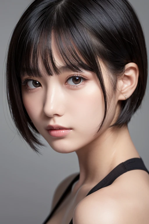 (High resolution:1.3), (16k, Photorealistic, Raw photo, Best image quality: 1.4), Japanese, (One Girl), Beautiful Face, (A vivid face), (Black-haired、short hair:1.3), Beautiful Hairstyles, Realistic eyes, Beautifully detailed eyes, (Realistic Skin), Beautiful skins, attractive, 超A high resolution, Surreal, High detail, Golden Ratio, Highly detailed cute girl,(20-year-old), loose front of neck