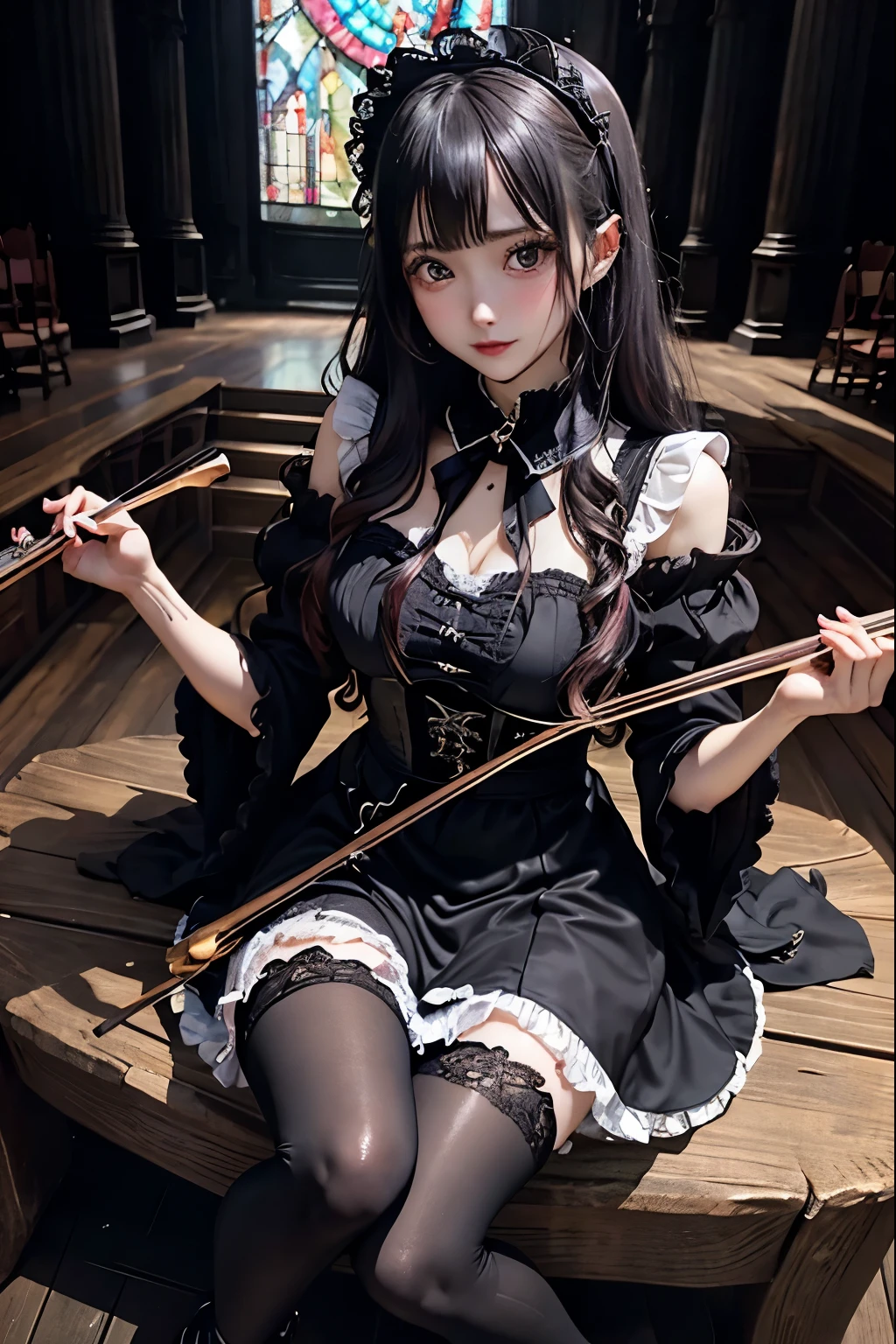 ハードDark Gothicメイク、Deep Night Sky、Horror、Black dark eyeshadow、sad、Good skin radiance、Dark Gothicメイク、Dark smile、palace、24-years-old、Embarrassed look、Dark Gothic、Obscene language、highest quality、Drunk face、紫のMaid clothes、Mysterious、Noble、sexy、Loving smile、Right blue eye, Left eye is red、Platform Heel Shoes、Heavy makeup、Gothic ta Clothing、Silver Hair、Long Hair Straight Hair、Cute Gothic Loliress、Beautiful Face、elegant features、Fascinating face、Stained glassが背景、Chest glistening with sweat、The room is dark、gothic long dress、Bell Sleeves、Wizard Sleeve、Decadent look、Sexually excited expression、Glossy thighs wet with water、Thighs that are wet and shiny with oil、Background of a room full of roses、The embroidery is pink、The dress has pink embroidery、Thigh-high socks、Knee-high socks、Gentle expression、Dark black eyeshadow、Stained glassと薔薇背景、Female Duo、Female couple、dark church background、Stained glass、Black metal world、Dark Castle、Slender body、gothic long dress、Maid clothes、Victorian dresses、Her thighs glisten with sweat、My body is wet and shiny、Lots of glitter on the thighs、My thighs are sticky from sweating、Sweat glistens on the thighs, The whole body is sweaty and shiny、Quite sweaty、My thighs are sweaty、My thighs are so wet、My thighs are shining with sweat、A lot of sweat glistens all over the body、Small breasts、Orchestra StageStage、Dynamic Angle、sitting on a gothic chair、Play the violin gracefully、With a violin、Press the violin strings、violinist、orchestra performance、Thin thighs、slender、Violin body and strings、Sit on a chair、pantyhose、Hime cut straight hair、