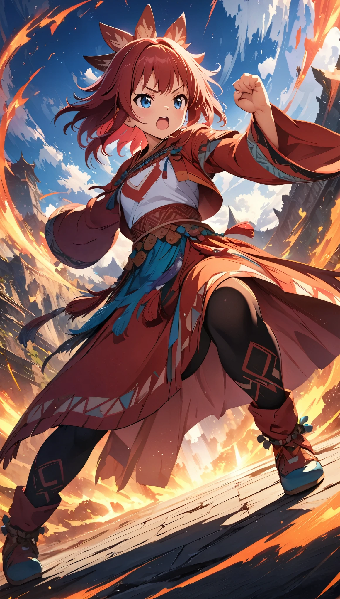 (masterpiece:1.2), (highest quality:1.2), Ultra-high resolution, Very detailed, Perfect lighting, Dragon Tribe Girl, Red Hair, National costume, Otherworldly fantasy, cute, dynamic angle, dynamic pose, fighting stance, Digital anime art,Anime-style illustrations,Anime illustration