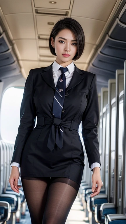 1beautiful womanl, 28years、hyperdetailed face、Detailed lips、A detailed eye、double eyelid、(Black bob shortcut hair , while walking gracefully down the aisle)、(Stewardess uniform:1.2)、(Glamorous body) ((beautiful tie)) ((blacltights stockings)) (Colossal tits)、thighs thighs thighs thighs, Perfect fit, Perfect image realism, Background with: (Business Class aisle on airplanes:1.2), Cowboy Shot, Meticulous background, detailed costume, Perfect litthing、Hyper-Realism、(Photorealsitic:1.4)、8K maximum resolution, (masterpiece), ighly detailed, Professional