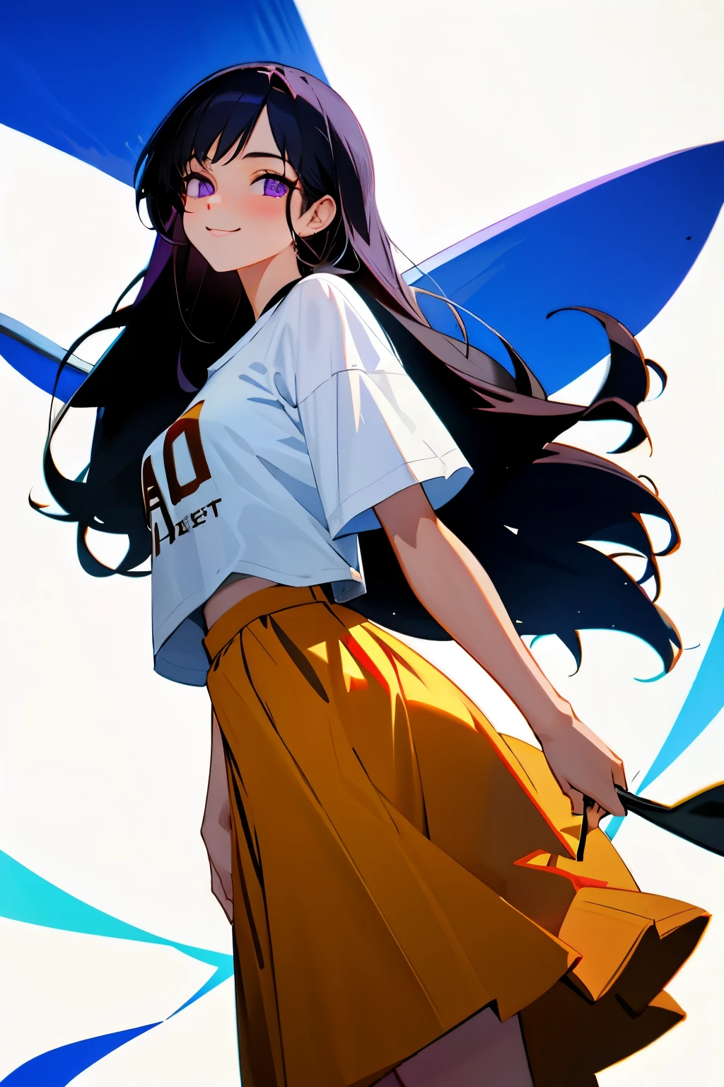 (masterpiece), ((sfw)), best quality, expressive eyes, perfect face, , (1girl,, young adult, beautiful,), solo, black long hair, purple eyes BREAK (fair skin,), cowboy shot, smile, oversized t-shirt BREAK, long skirt BREAK, standing BREAK, soft smile, :), in love, beautiful face, in love face, in love smile.