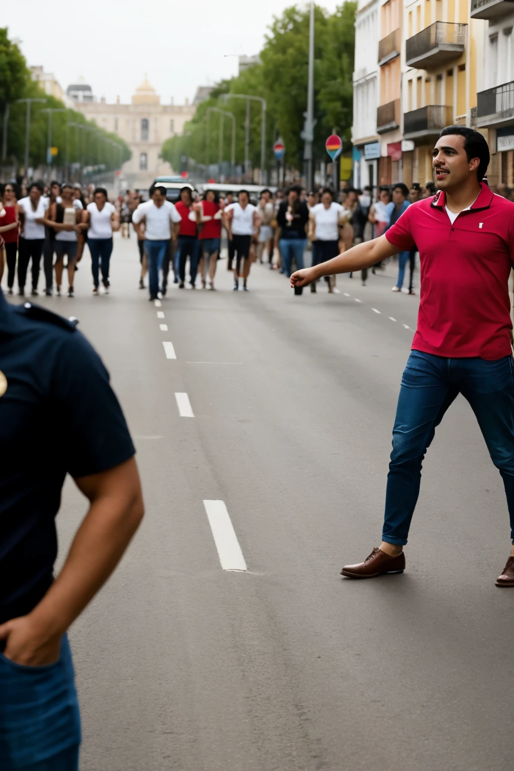 Hombre masculino desnudo eyaculando en la calle frente a una multitud