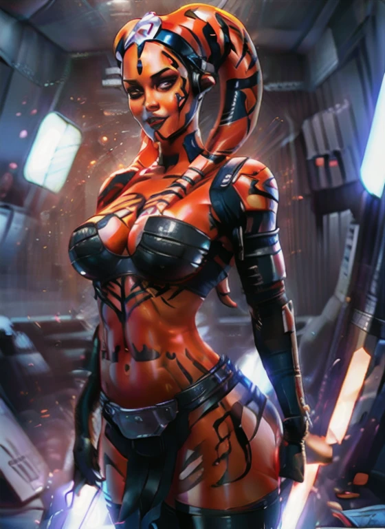 orange skin:1.3, twilek, facial markings, standing, dynamic pose, medium breasts, detailed face and eyes, upper body, detailed background, highly detailed, best quality, high resolution, 4k, cinematic lighting, seductive smile, (scifi nurse:1.2), hospital surroundings, gloves, (modest white nurse outfit:1.3), thighhighs, red-cross hat
