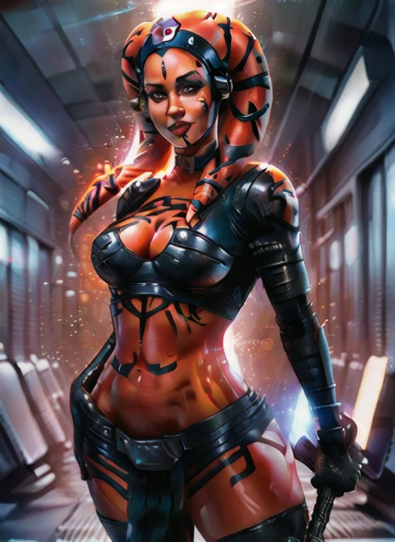 orange skin:1.3, twilek, facial markings, standing, dynamic pose, medium breasts, detailed face and eyes, upper body, detailed background, highly detailed, best quality, high resolution, 4k, cinematic lighting, seductive smile, (scifi nurse:1.2), hospital surroundings, gloves, (modest white nurse outfit:1.3), thighhighs, red-cross hat