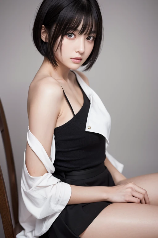 (High resolution:1.3), (16k, Photorealistic, Raw photo, Best image quality: 1.4), Japanese, (One Girl), Beautiful Face, (A vivid face), (Black-haired、short hair:1.3), Beautiful Hairstyles, Realistic eyes, Beautifully detailed eyes, (Realistic Skin), Beautiful skins, attractive, 超A high resolution, Surreal, High detail, Golden Ratio, Highly detailed cute girl,(20-year-old), loose front of neck, skirt