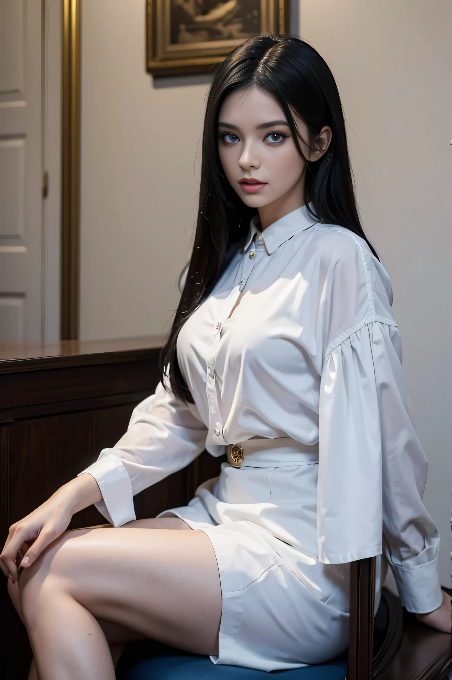 (low angle view), (body from thighs to head: 1.1), 1girl, solo,best quality, Masterpiece, Illustration, Very delicate and beautiful, Very detailed, CG, 8k wallpaper, amazing, attention to detail, masterpiece, best quality, Art, CG wallpaper 8k highly detailed, huge file size, ultra detail, high resolution, ultra high definition, very detailed, beautiful girl detailed,  very detailed eyes and face, beautiful detailed eyes, (RAW photos, best quality), (real, Photorealism: 1.3), full body, light on the face, (brown hair: 1.3), medium breasts), (swollen eyes), (K-pop idol)), (attractive), bangs, (sexy pose in front of the camera)), looking at the viewer, dark eyeliner, long eyelashes, flushed cheeks, erotic, fringes, small earrings, small necklace, (sweaty white skin),  thin legs, (((medium breasts)))), (neckline)))),arafed asian woman in a suit and tie, girl wearing uniform, a hyperrealistic student, hyperrealistic student, beautiful girl, realistic student, beautiful high school anime girl,