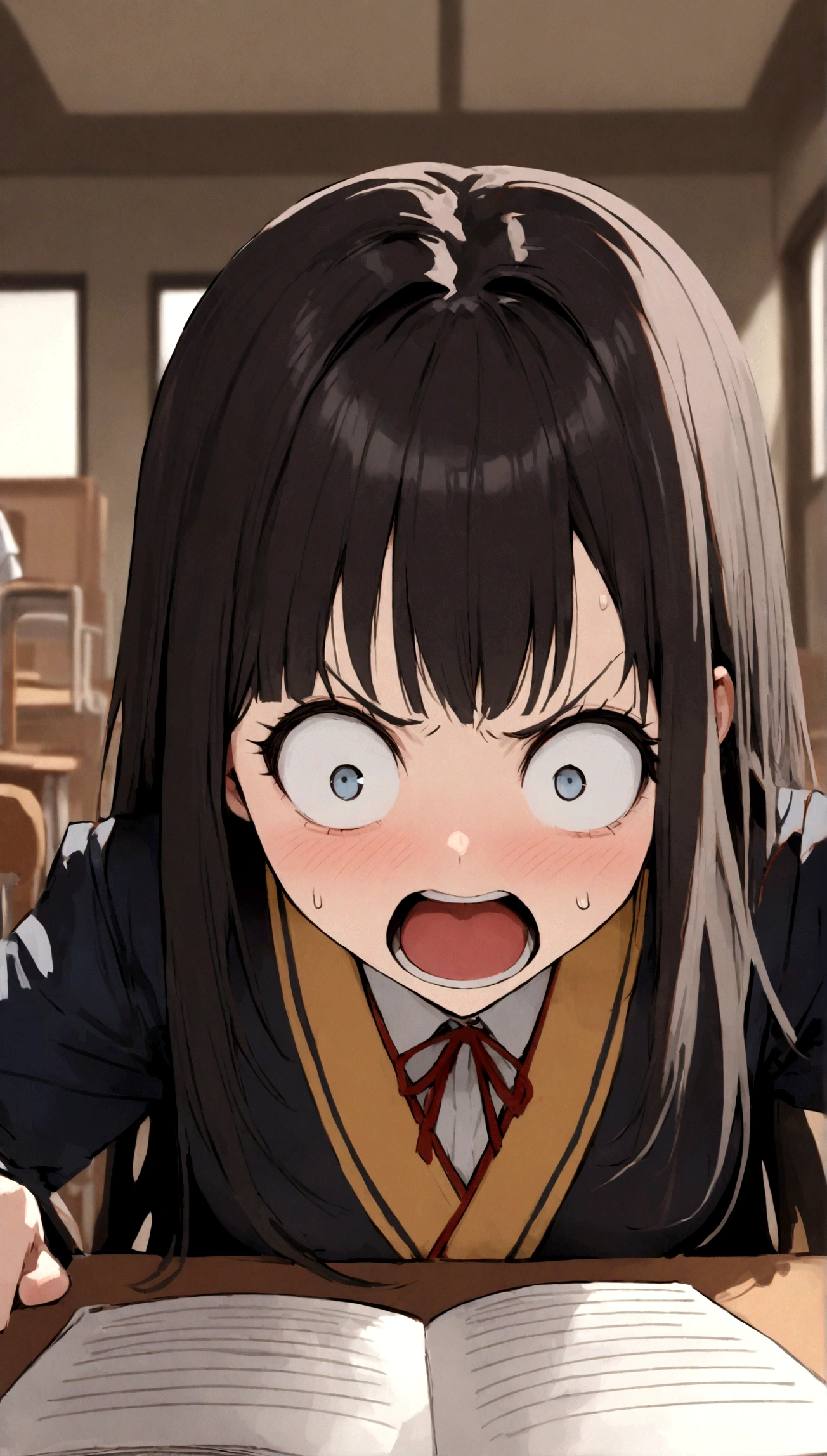 The background is dark、The school is a Japanese school.、The uniforms are Japanese style、A teacher with a crazy face is about to attack a high school girl who is doing her homework at her desk from behind.