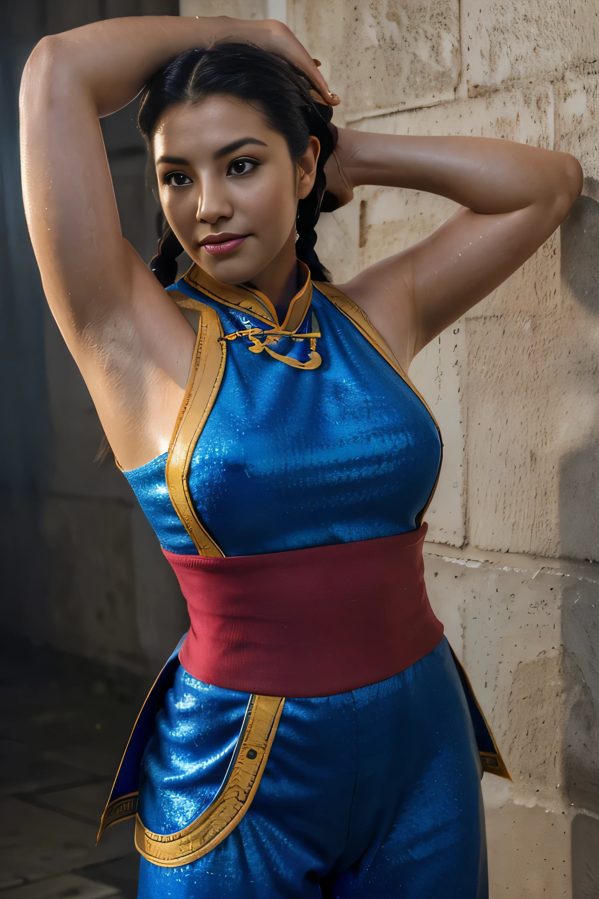 masterpiece、1 beautiful girl、fine eyes、smile,puffy eyes、highest quality, 超High resolution, (reality: 1.4), movie lighting、super beautiful、beautiful skin、body facing forward、Upper body,close up of face,(Ultra-realistic)、(High resolution)、(8k)、(very detailed)、(Beautiful and fine eyes)、(Super detailed)、 (wall-)、detailed face、bright lighting、professional lighting、looking at the viewer、look straight ahead、slanted bangs、perfect cosplay,Pai-chan, Twin braids with blue ribbon, brown eyes, double good,black hair,
Are standing, alone , Upper body, combat readiness,
blue cheongsam, red obi, pants, No sleeve, blue sky, cloudy, evening,
(Extremely detailed, Beautifully detailed face, masterpiece, highest quality
high quality, masterpiece mature appearance,armpits,sweat,sweaty,sweaty armpits,arms up,showing armpits,awesome armpits,outfit,blackish red arm warmers,maroon arm bands, maroon arm warmers,both arms raised