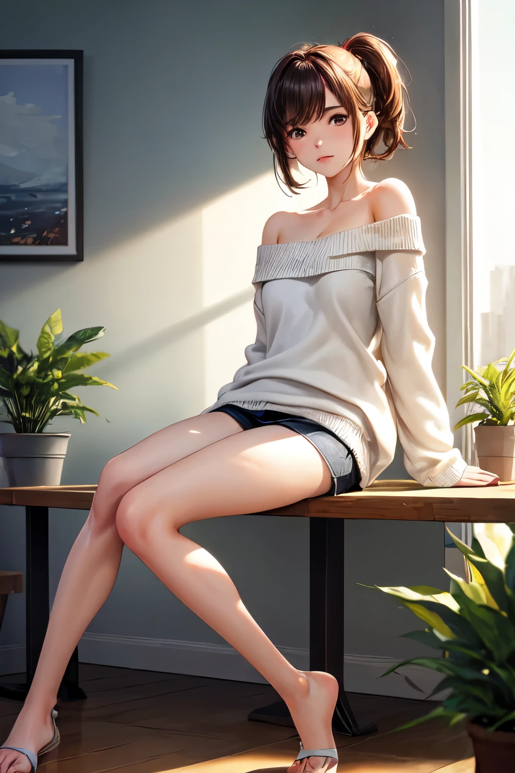 ((mejor calidad)), ((obra maestra)), (detallado), 1 chica, off shoulder sweater, piel blanca, you are sitting in a chair, his legs are on a table, mostrando las plantas sus pies.