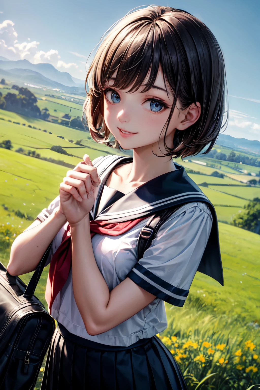 very cute and beautiful girl,(highly detailed beautiful face and eyes),(smile),happy,looking at viewer,
black hair,serafuku,short sleeve,(pleated navyblue mini skirt),standing,holding school bag,
countryside,hilltop,grassland,tiny flower field,distant ocean background,
(best quality,masterpiece),absurdres,highres,ultra-detailed,extremely detailed,32k,8k resolution,
intricate details,cinematic scene,detailed background,solo,dynamic angle,perfect hands,