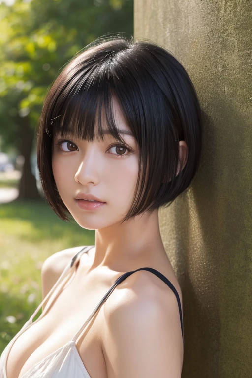 (High resolution:1.3), (16k, Photorealistic, Raw photo, Best image quality: 1.4), Japanese, (One Girl), Beautiful Face, (A vivid face), (Black-haired、short hair:1.3), Beautiful Hairstyles, Realistic eyes, Beautifully detailed eyes, (Realistic Skin), Beautiful skins, attractive, 超A high resolution, Surreal, High detail, Golden Ratio, Highly detailed cute girl,(20-year-old), half-naked