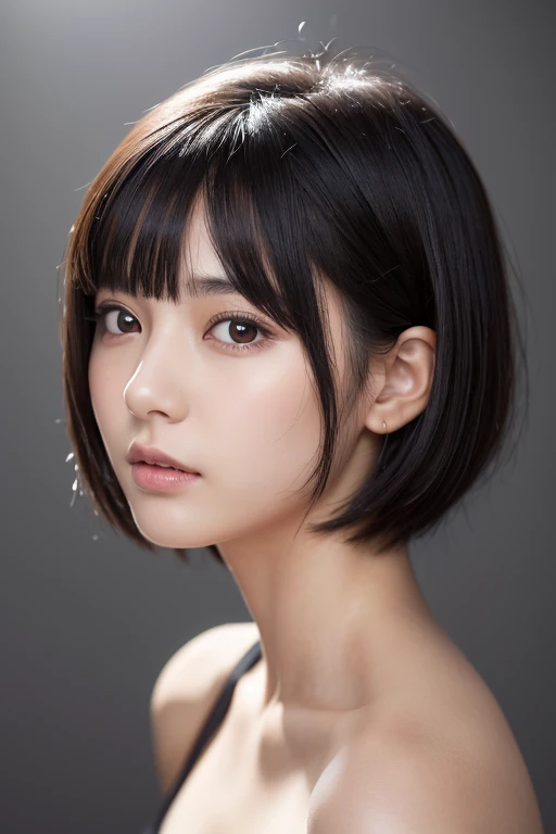 (High resolution:1.3), (16k, Photorealistic, Raw photo, Best image quality: 1.4), Japanese, (One Girl), Beautiful Face, (A vivid face), (Black-haired、short hair:1.3), Beautiful Hairstyles, Realistic eyes, Beautifully detailed eyes, (Realistic Skin), Beautiful skins, attractive, 超A high resolution, Surreal, High detail, Golden Ratio, Highly detailed cute girl,(20-year-old),  half-naked