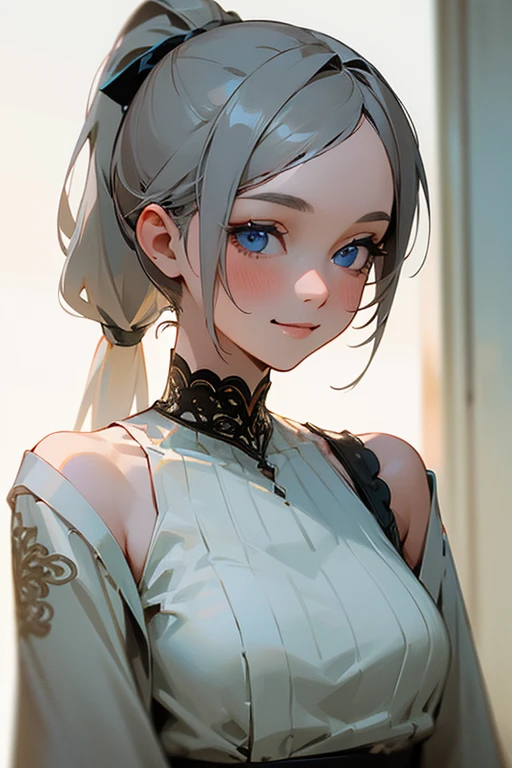(masterpiece: 1.2, highest quality), (Actual Photos, Intricate details), 1. woman, alone, Upper Body, casual, Shoulder-length hair, Minimal makeup, Natural materials, Face close-up, smile, Home, Gray Hair, blue eyes, Shoulder Bare、ponytail、