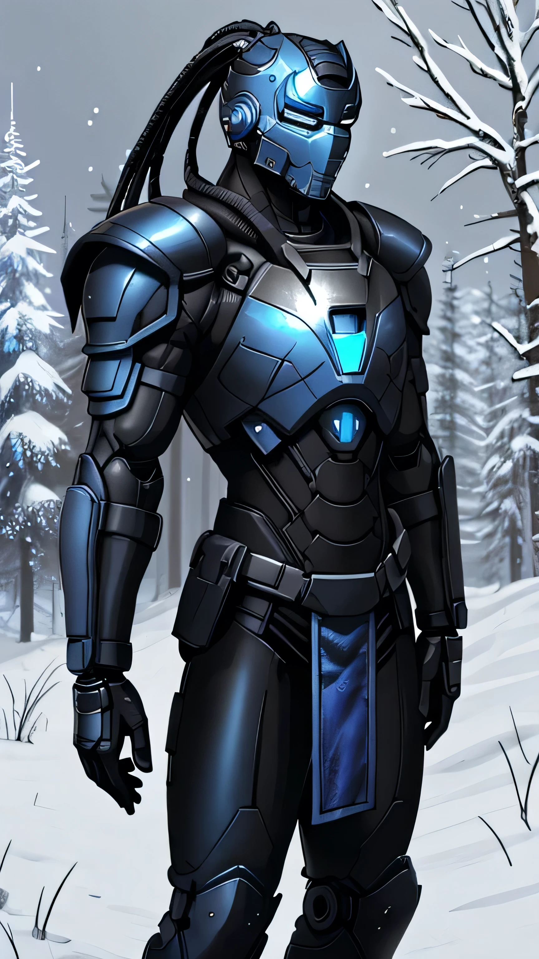 Sub-Zero from Mortal Kombat, zxcrx, cyborg ninja, sleek (blue and black armor:1.5), various robotic components, his face is covered by a helmet with a glowing ligh blue visor, ice blades, cold, 1man, solo, full body view, front view, looking at viewer, intricate, high detail, sharp focus, dramatic, photorealistic painting art by greg rutkowski