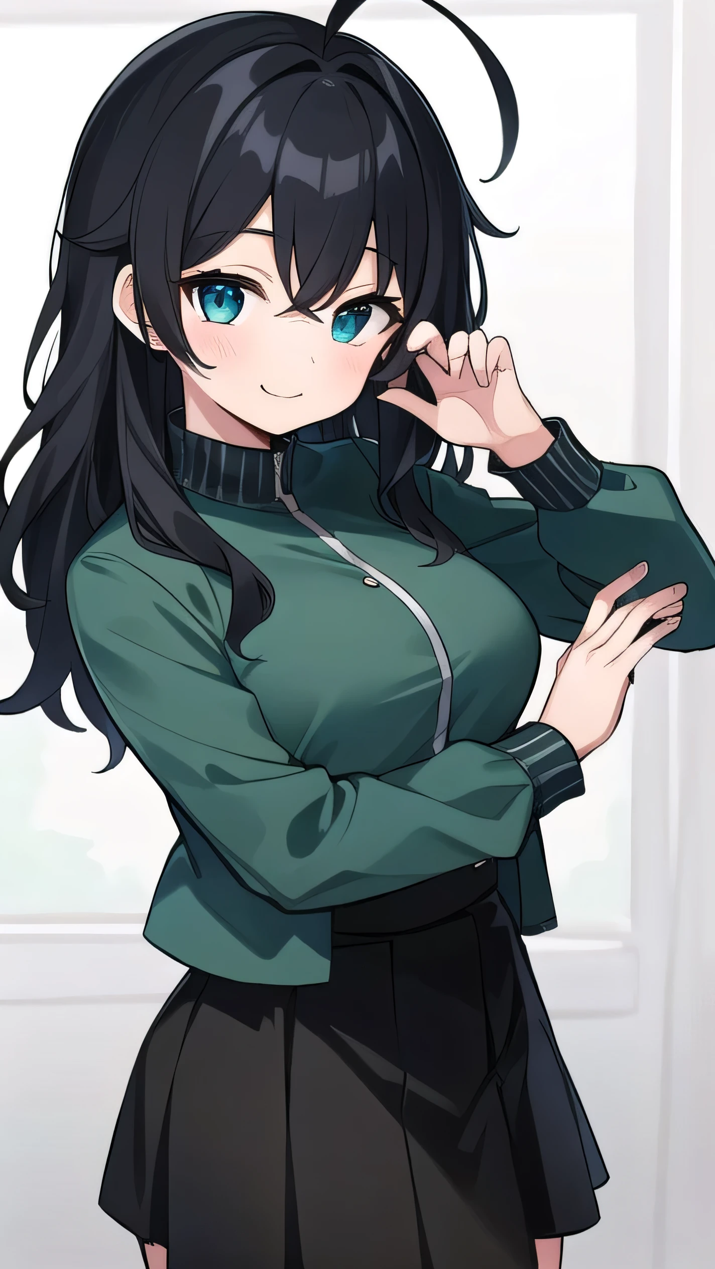 high schoolooks like an elementary school st short, 140 cm tall, black slight green tinge, short ahoge, beautiful long hair but with a little hair sticking out, beautiful round eyes, blue eyes, smile, boyish, long sleeves, Thick clothes, skirt, big breasts, hair longer than waist, long hair, childish face, gentle smile, a little shy, black skirt, black hair with a slight green tinge, boyish, gentle smile, jacket one size larger, ( Deep greenish black hair: 1.3)