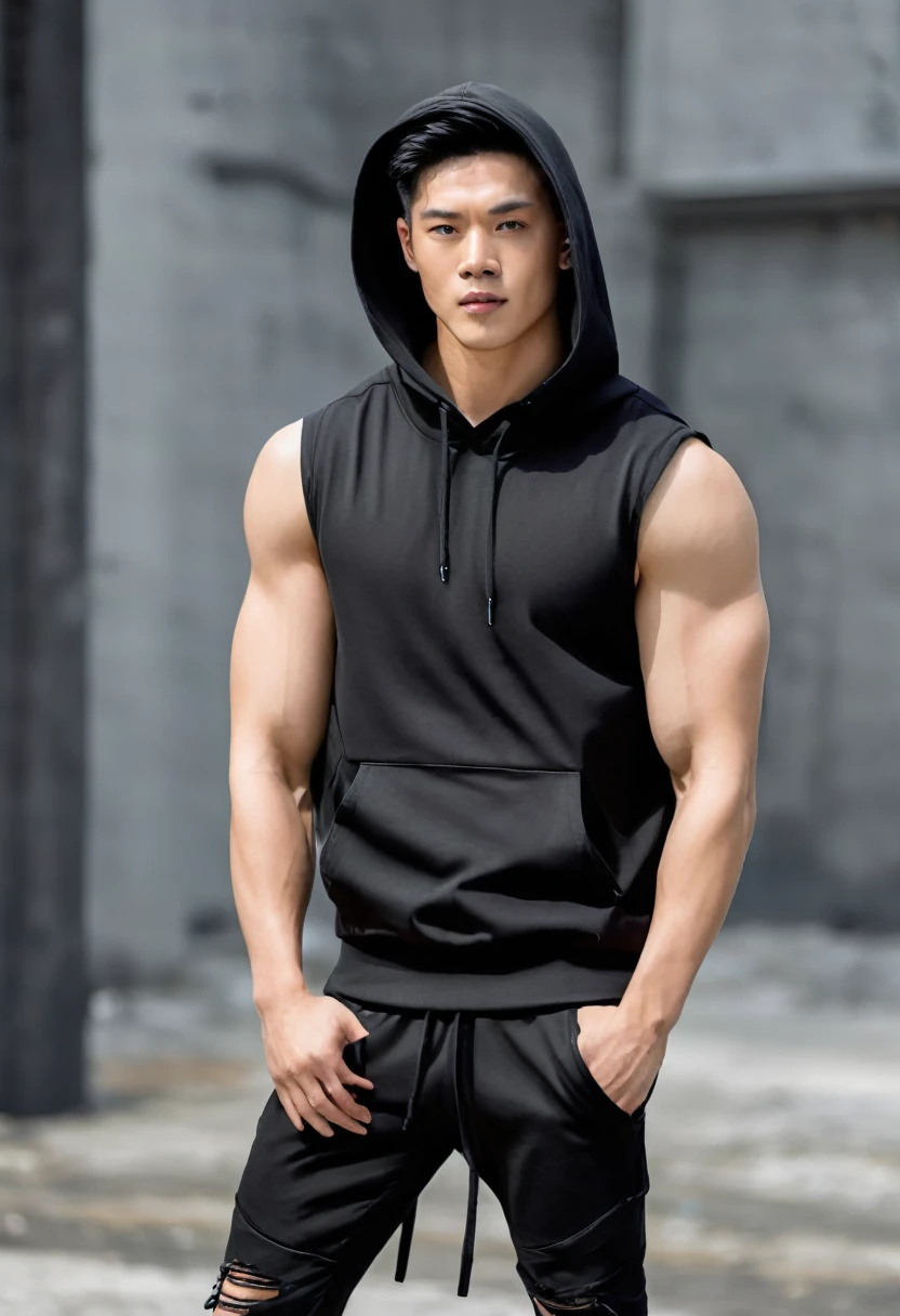 1 man, Indonesian face, dashing, natural muscles, pale white skin, short hair, black hair, sleeveless hoodie, hooded vest, open hood, visible chest and stomach, trousers ripped at the knee, shoes, fashion style, pose model, standing model, photo model,